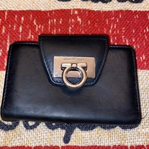 Salvatore Ferragamo Black Leather Cardholder/Keychain Wallet Silver Hardware